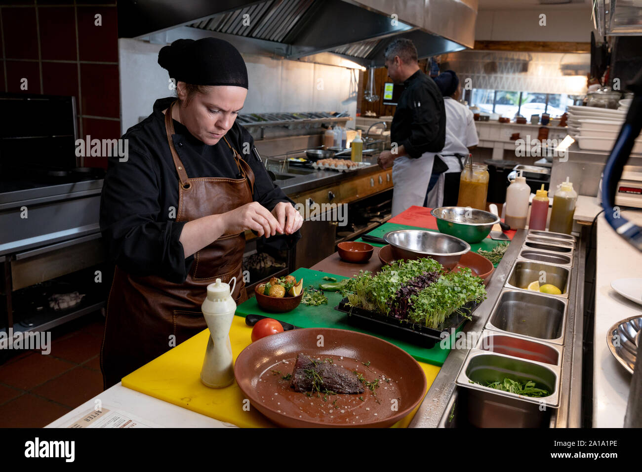 Chefs working in busy restaurant kitchen Stock Photo