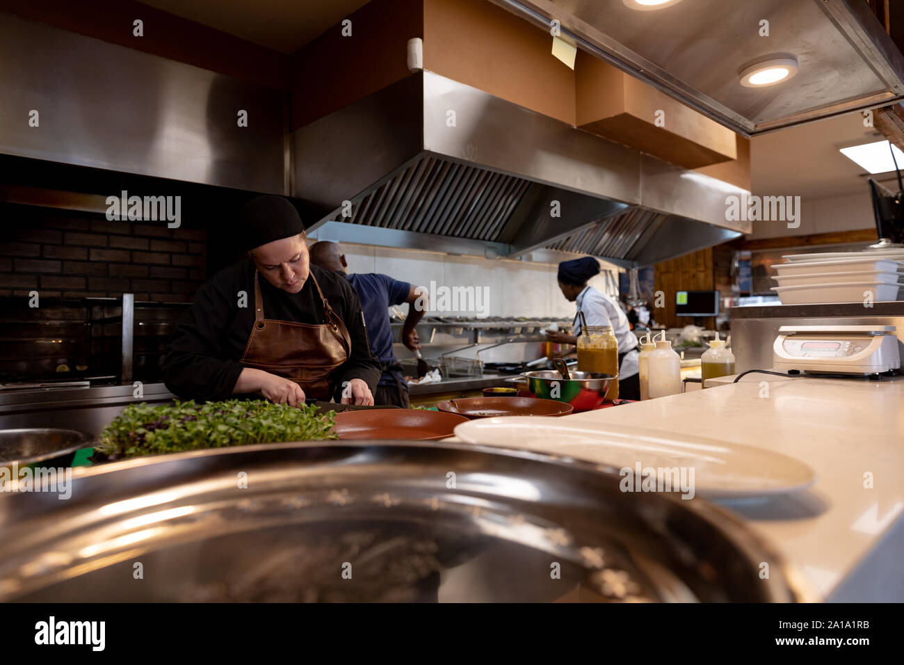 Chefs working in restaurant kitchen Stock Photo