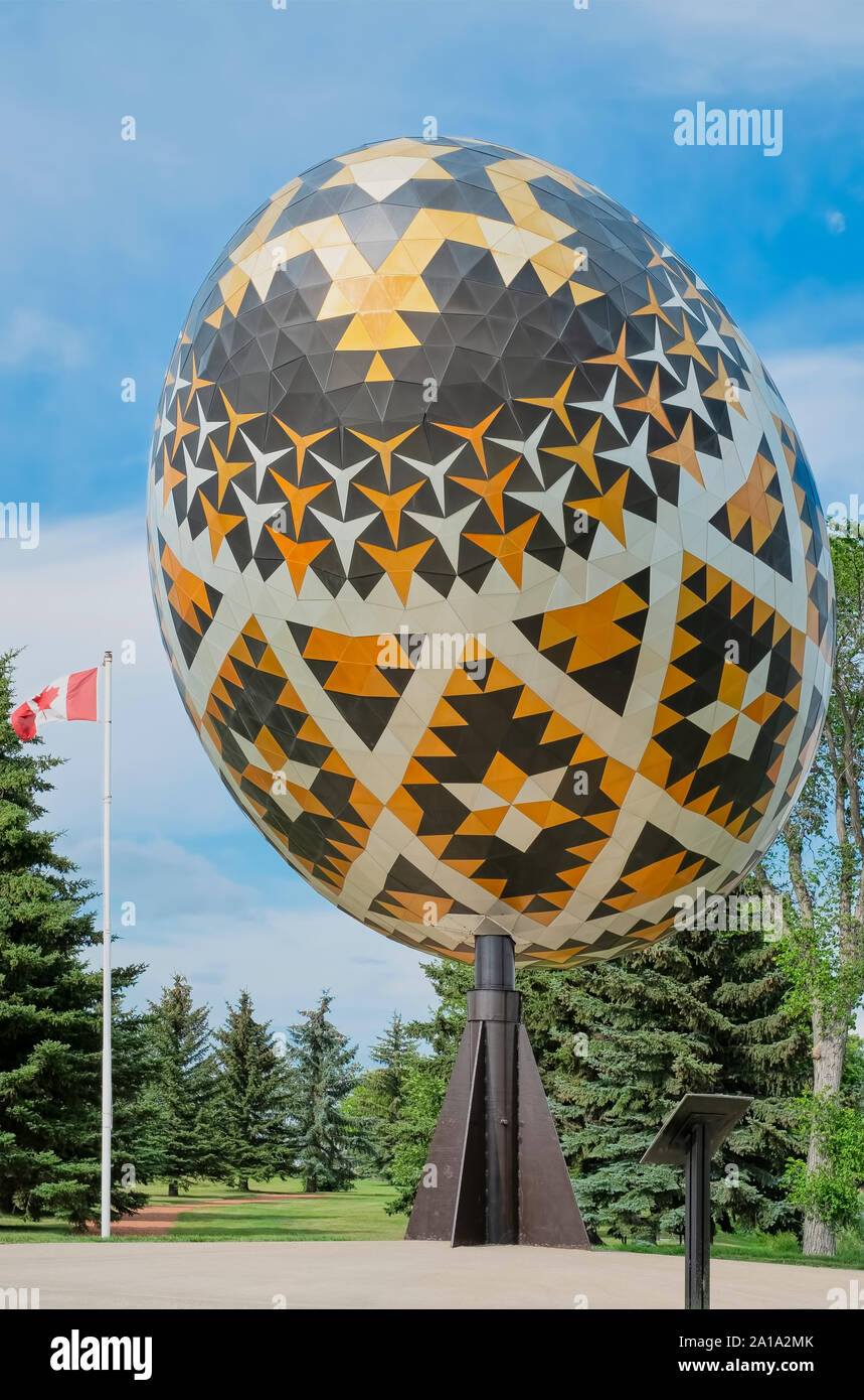 The Vegreville Alberta Easter Egg is a giant sculpture of a pysanka, a Ukrainian-style Easter egg. Stock Photo