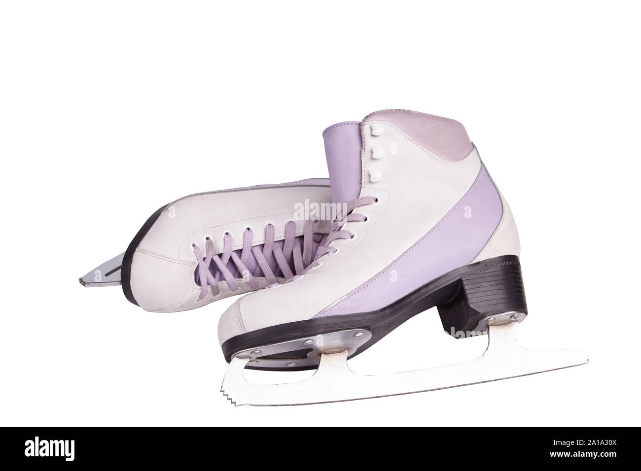 Closeup photo of professional ice skates standing isolated on white