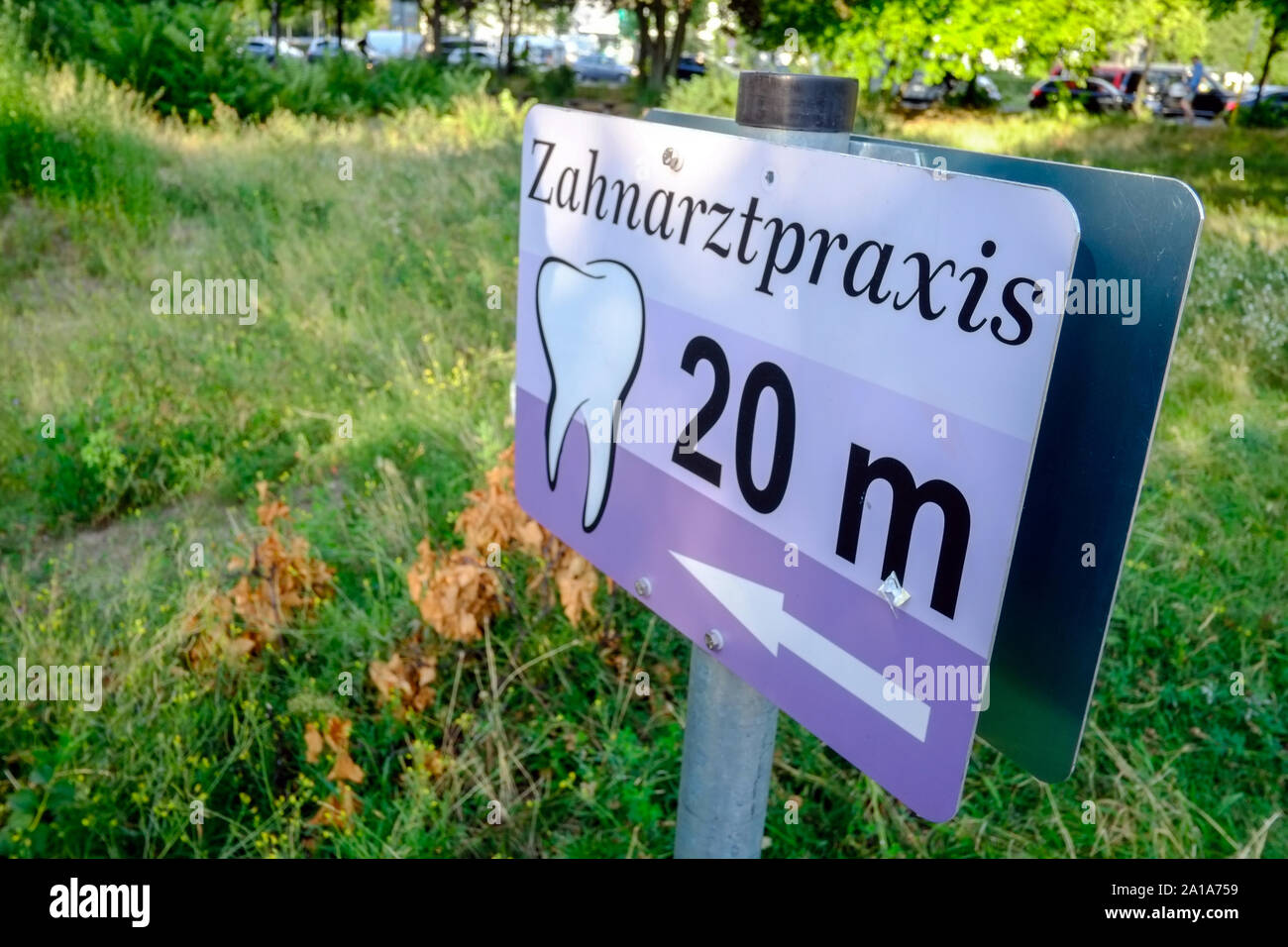 Germany. 13th Aug, 2019. A sign with the inscription 'Zahnarztpraxis 20 m' points the way in a park. Credit: Stefan Jaitner/dpa/Alamy Live News Stock Photo
