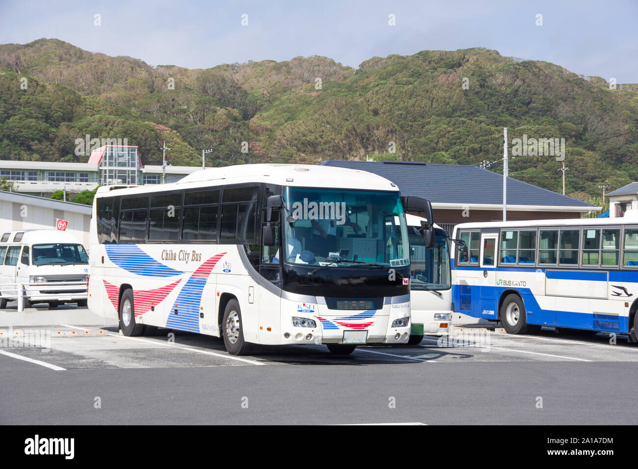 Minamiboso, Chiba, Japan, 09/23/2019 , Chiba city bus Keisei group, parked on the main bus stop in Minamiboso in front of the community center. This b Stock Photo