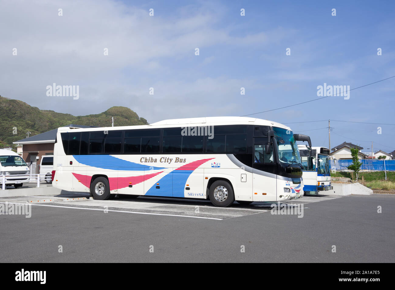 Minamiboso, Chiba, Japan, 09/23/2019 , Chiba city bus Keisei group, parked on the main bus stop in Minamiboso in front of the community center. This b Stock Photo