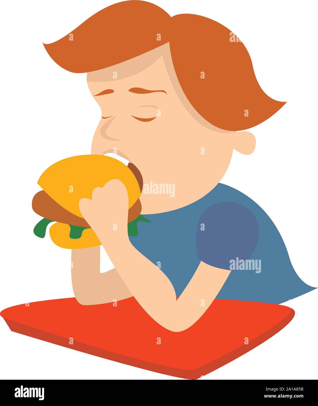 Boy eating cheeseburger, illustration, vector on white background Stock ...