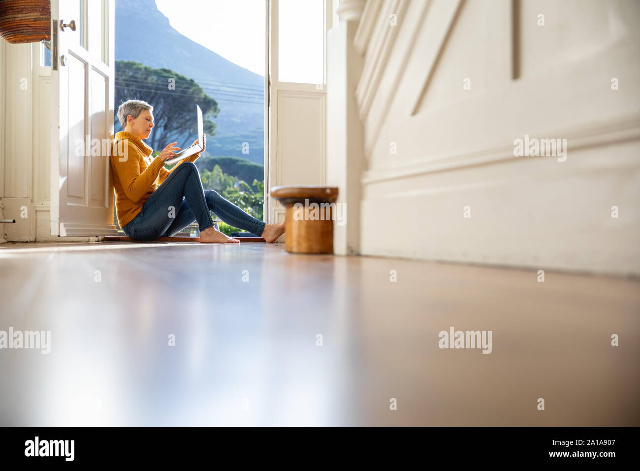 Mature woman computer home alone hi-res stock photography and images ...