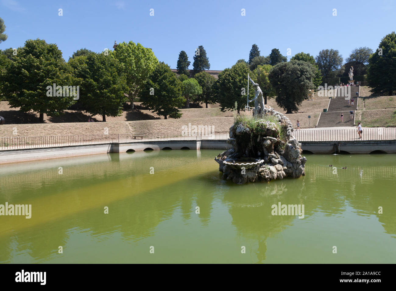 The Fountain of Neptune is a fountain in the Boboli Gardens,  Florence, Italy, situated on the Piazza della Signoria, in front of the Palazzo Vecchio. Stock Photo