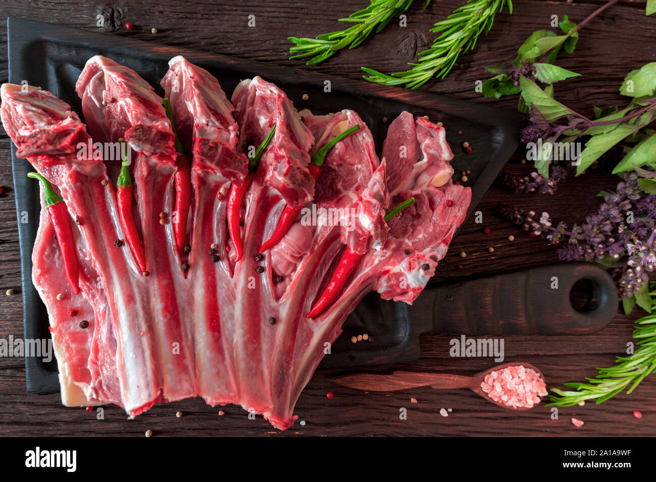 Top view raw mutton ribs chops on black cutting board Stock Photo Alamy