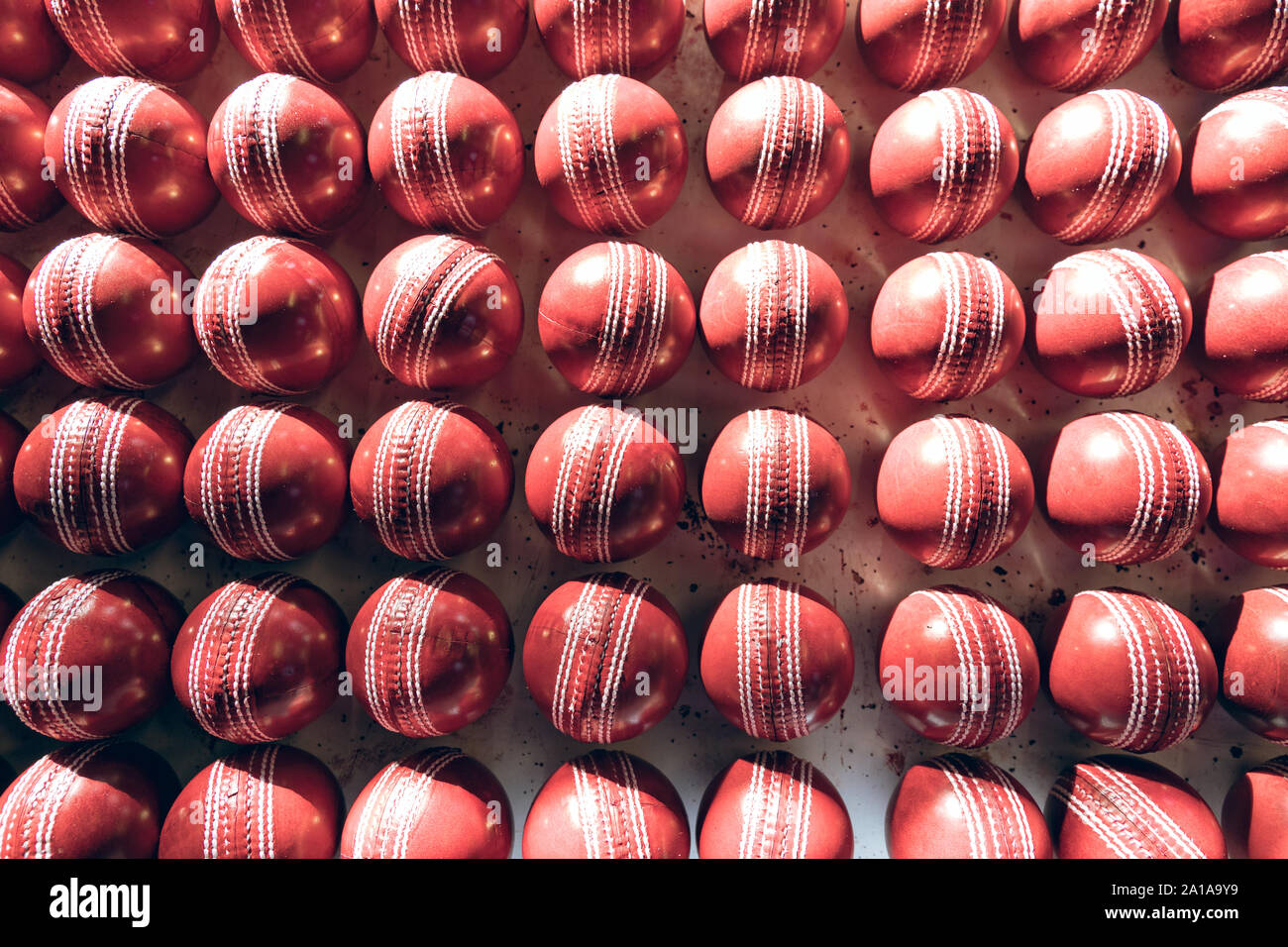 Red cricket balls in a row Stock Photo Alamy