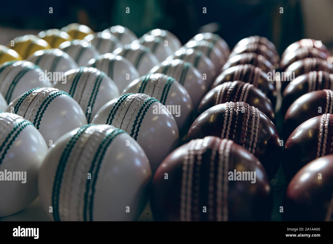 Red, white and yellow cricket balls in rows Stock Photo
