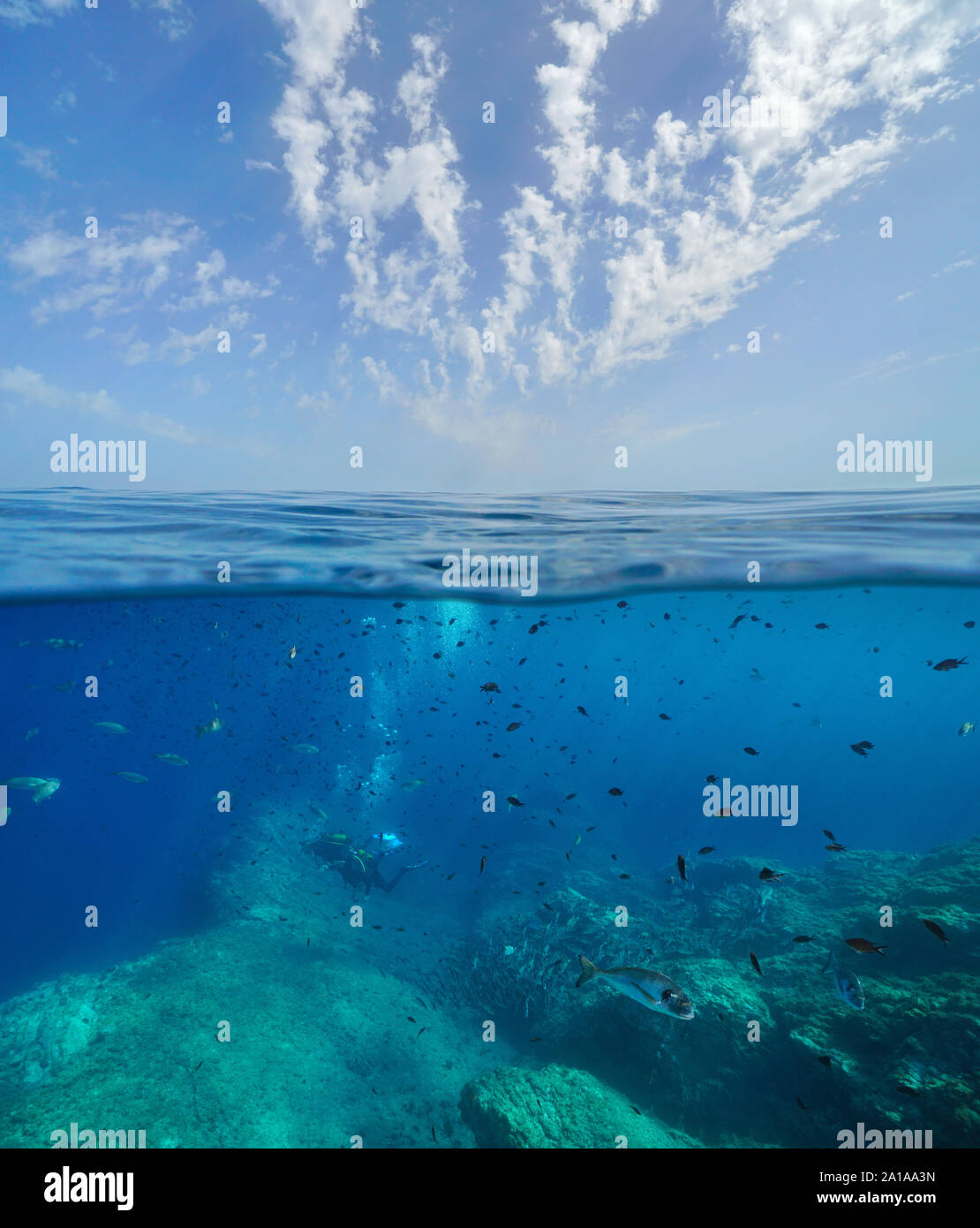 Seascape of Mediterranean sea, many fish with scuba divers underwater and blue sky with cloud, split view over and under water surface, France Stock Photo