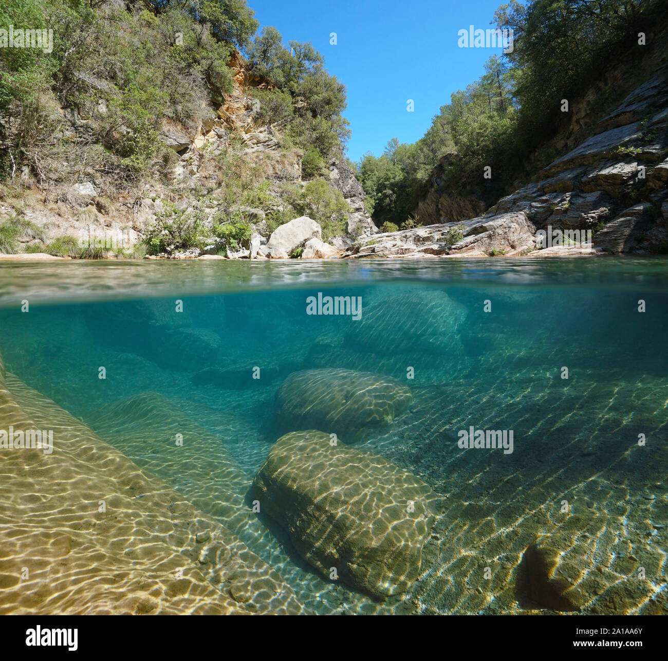 Wild rocky river with clear water landscape, split view over and under water surface, Spain, La Muga, Catalonia Stock Photo