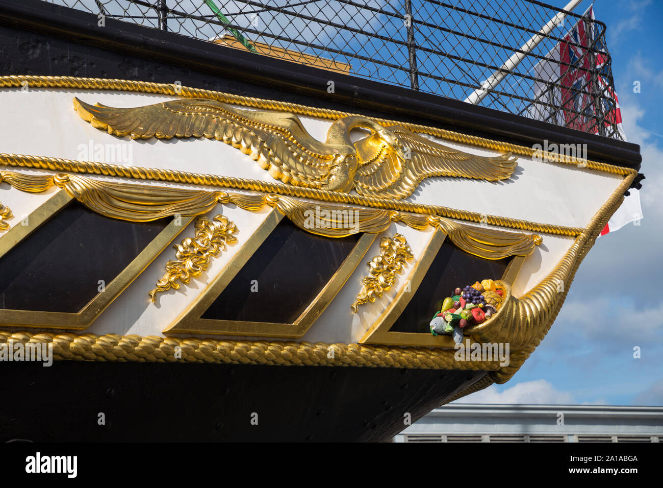 Ornamental carving and decoration with a gilded gold swan and cornucopia, around the windows at the stern / rear / back of the SS Great Britain, isambard Kingdom Brunel's iron ship. UK Dockyard Museum, Bristol. UK (109) Stock Photo