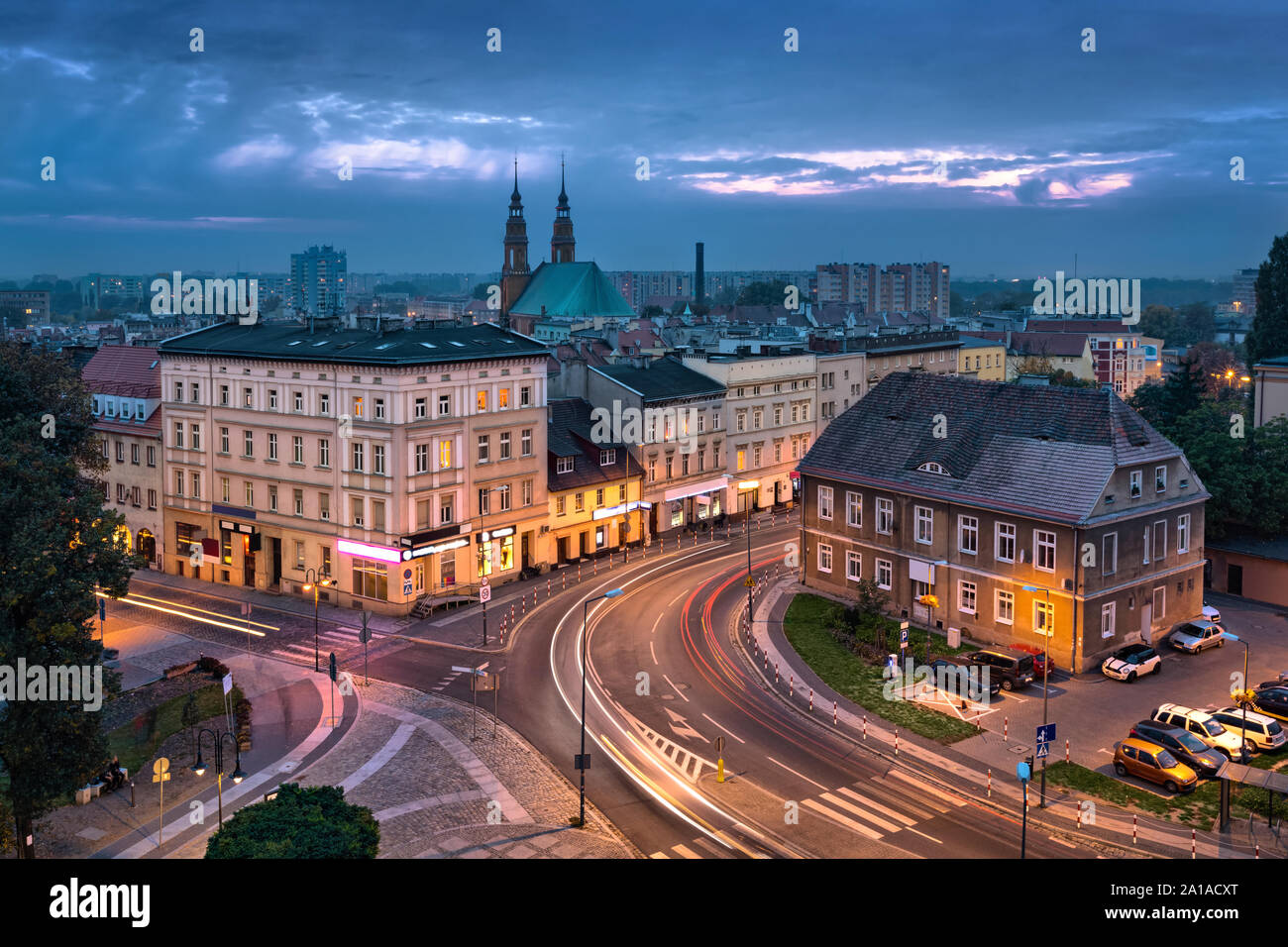 Opole, Poland. Aerial cityscape at dusk with cathedral Stock Photo