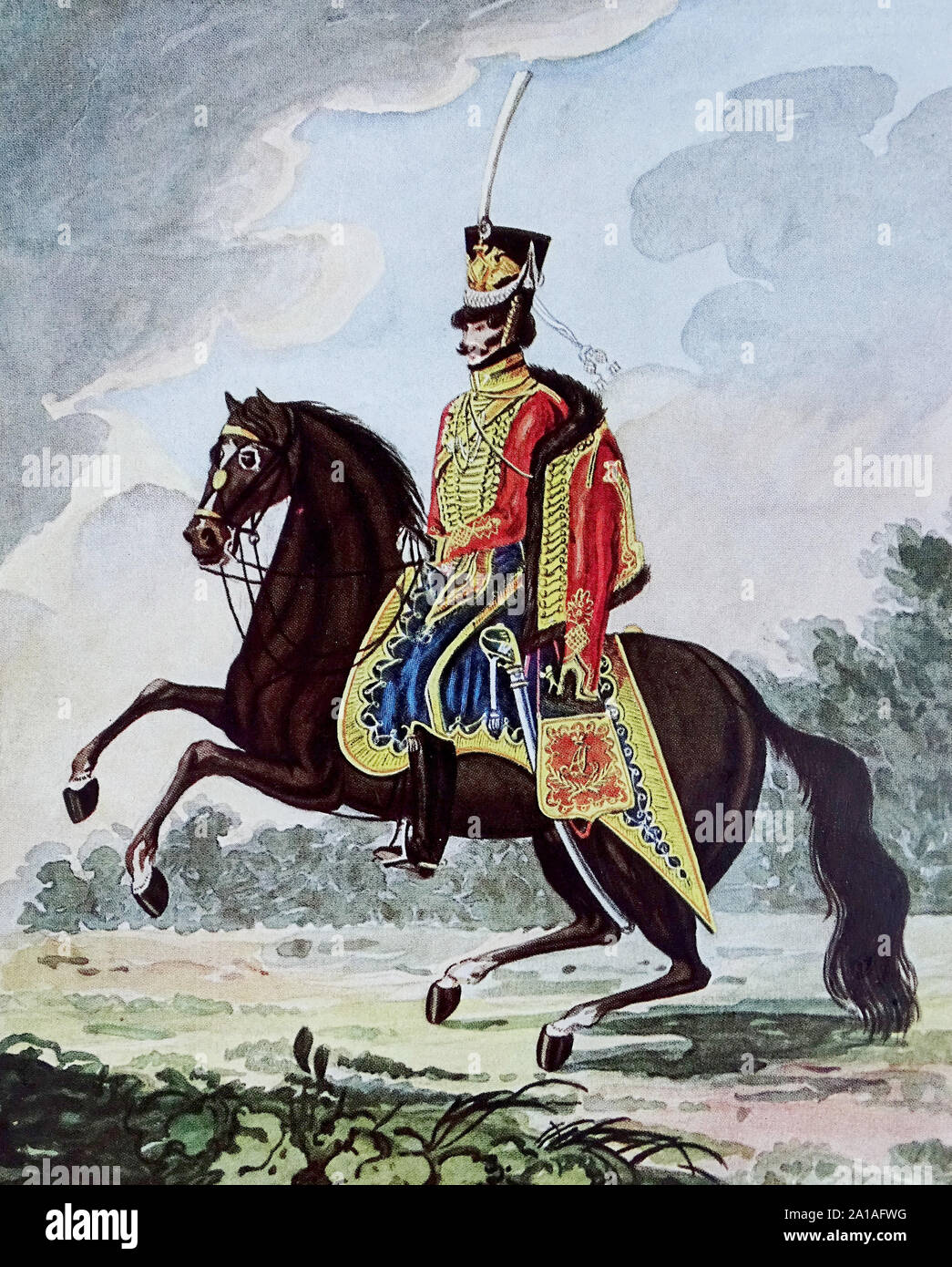 Russian hussar on a horse. Lithography of the 19th century. Stock Photo