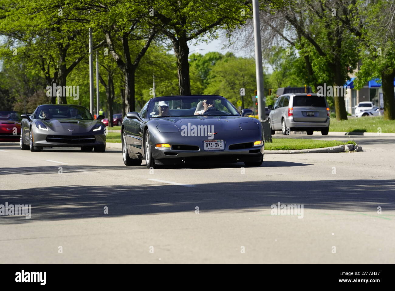 Many Owners of Chevrolet Corvettes of 1960 to 2010 came out to take a ride in Corvette trip around the lake traveling event, Fond du Lac, Wisconsin Stock Photo