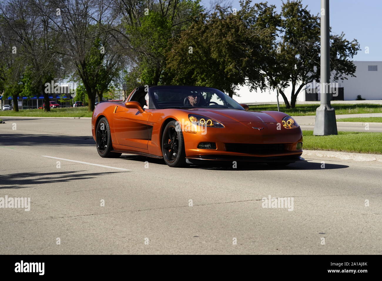 Many Owners of Chevrolet Corvettes of 1960 to 2010 came out to take a ride in Corvette trip around the lake traveling event, Fond du Lac, Wisconsin Stock Photo