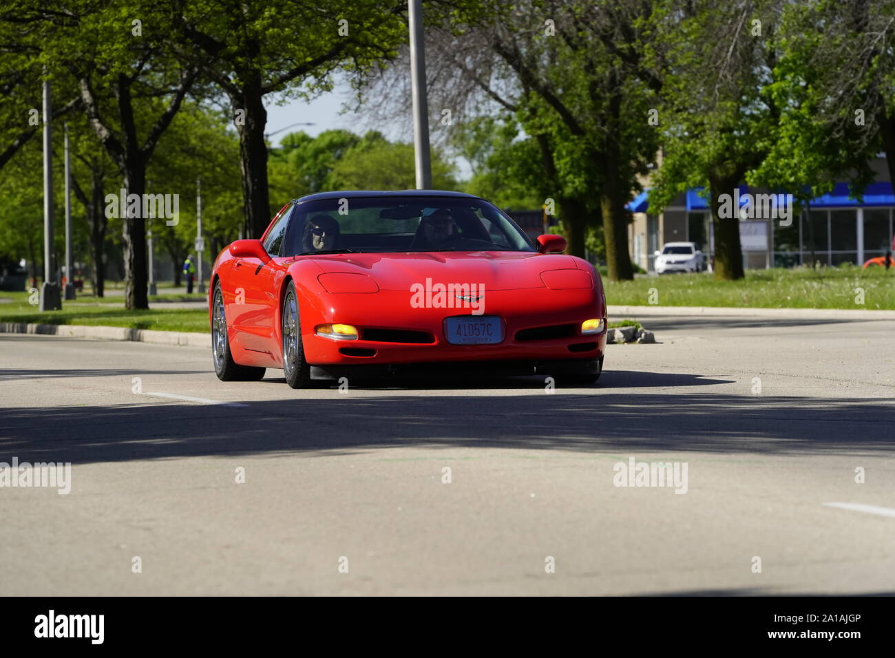 Many Owners of Chevrolet Corvettes of 1960 to 2010 came out to take a ride in Corvette trip around the lake traveling event, Fond du Lac, Wisconsin Stock Photo