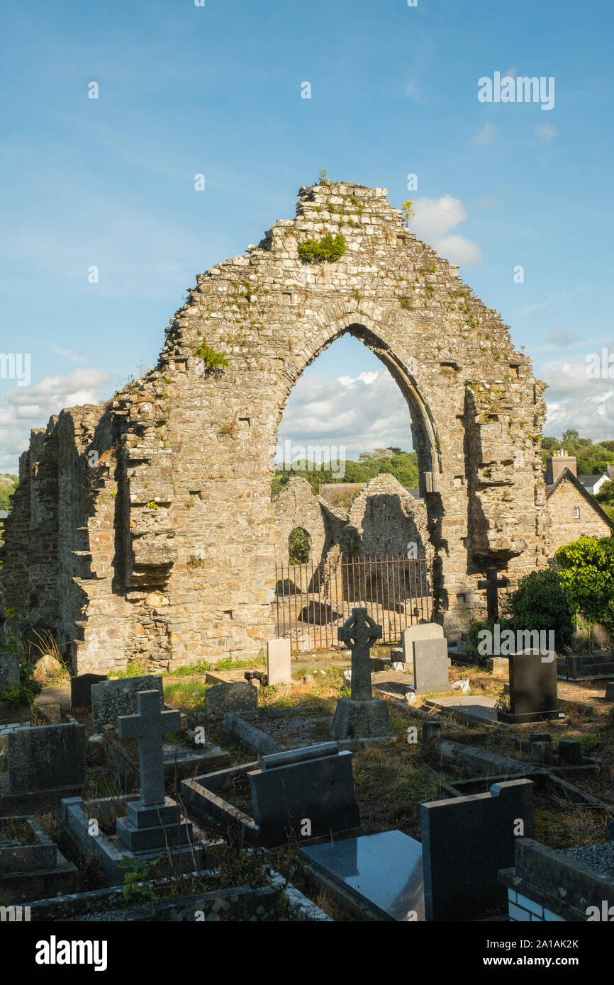 The dramatic ruins of St Dogmael's Abbey, on the bankks of the river Teifi at St Dogmaels, Cardigan, Wales. Founded in 1120 on the site of an earlier pre-Norman church, St Dogmael’s status as a religious centre can be seen in extensive ruins which span four centuries of monastic life. Elements of the church and cloister are 12th century in origin, while the tall west and north walls of the nave are 13th century. There’s a fine north doorway with 14th-century decoration and a north transept, built in the Tudor period. Stock Photo