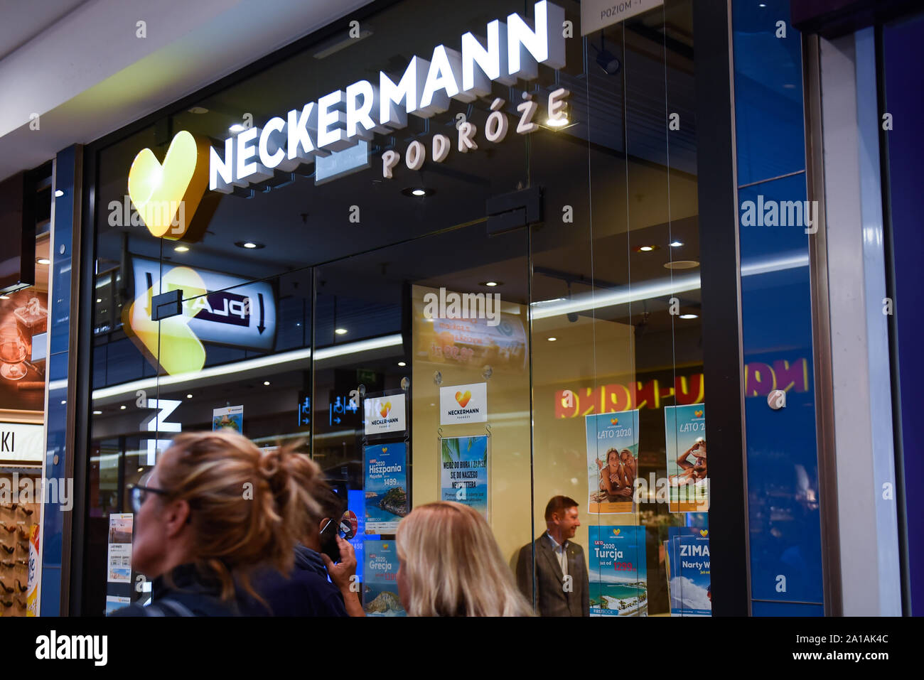 Krakow, Poland. 25th Sep, 2019. A man looks to travel offers at Neckermann  travel agency. Polish travel agency Neckermann, which is owned by bankrupt  British firm Thomas Cook, has filed for insolvency,