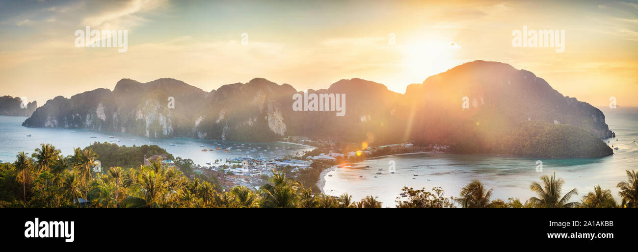 Phi-Phi island sunset panorama from viewpoint on mountain Stock Photo