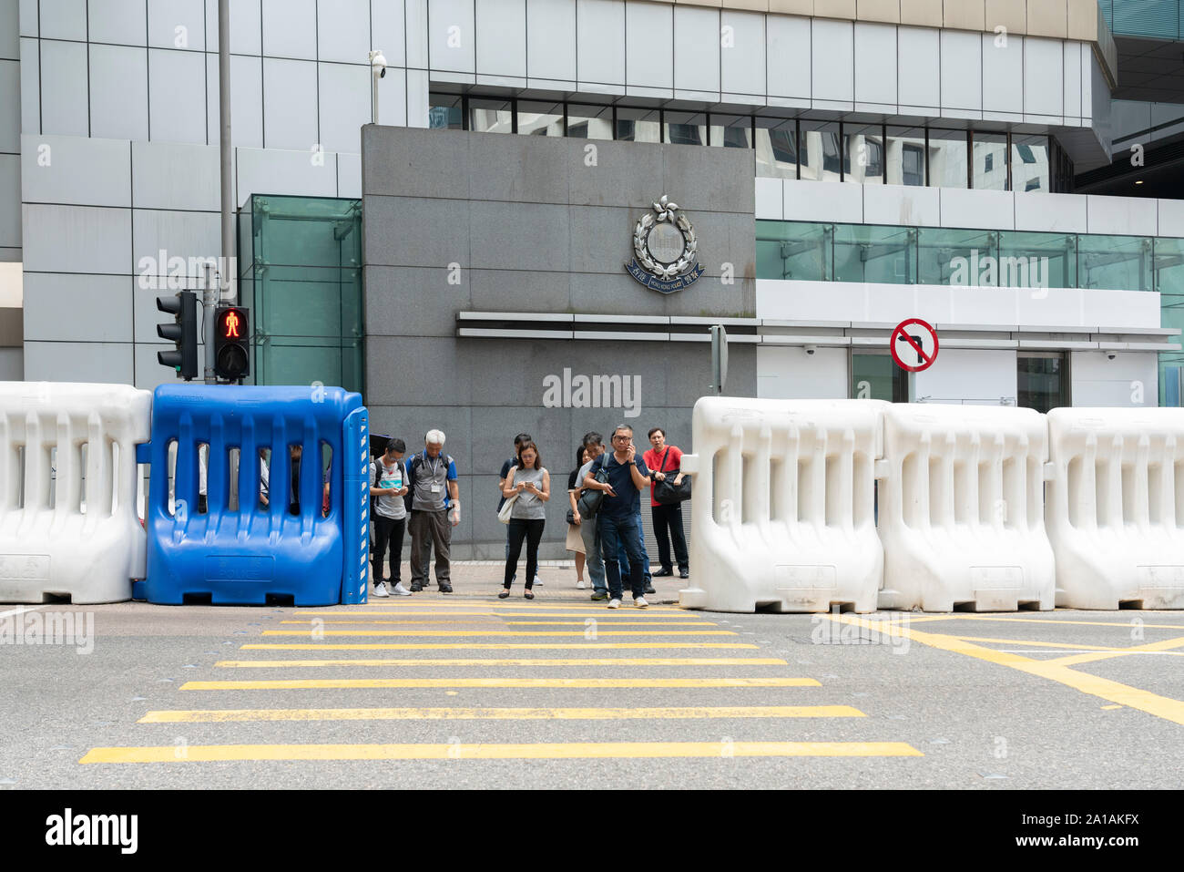 Security barriers outside Wanchai Police Station on Hong Kong Island installed as a result of recent civil protests. Stock Photo