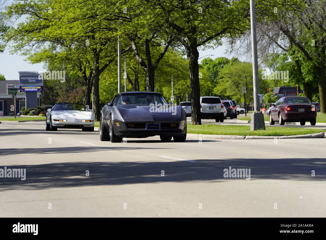 Many Owners of Chevrolet Corvettes of 1960 to 2010 came out to take a ride in Corvette trip around the lake traveling event, Fond du Lac, Wisconsin Stock Photo