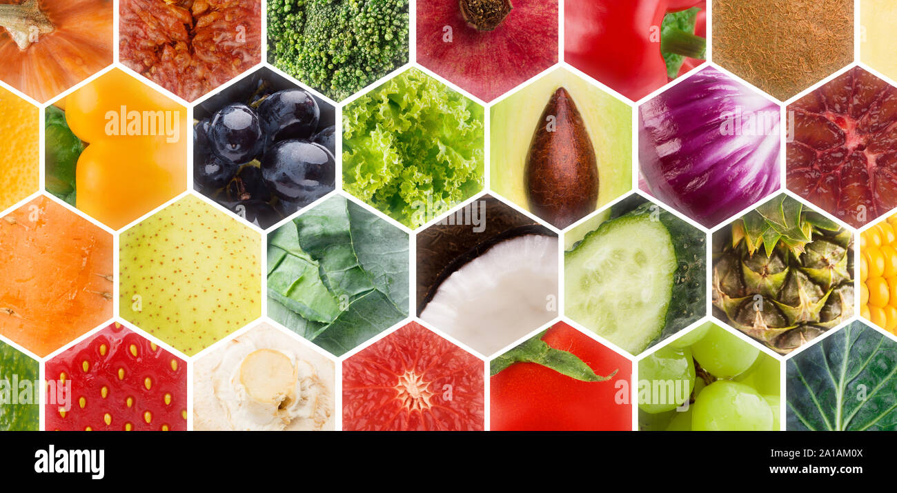 Collage of fresh fruits and vegetables in frames on background Stock Photo