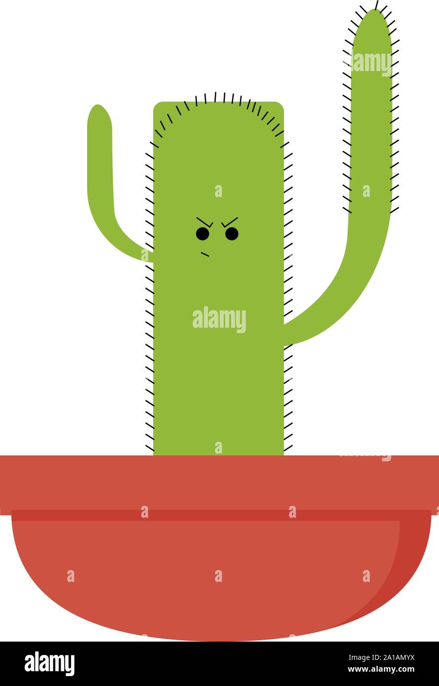 Angry cactus in pot, illustration, vector on white background. Stock Vector