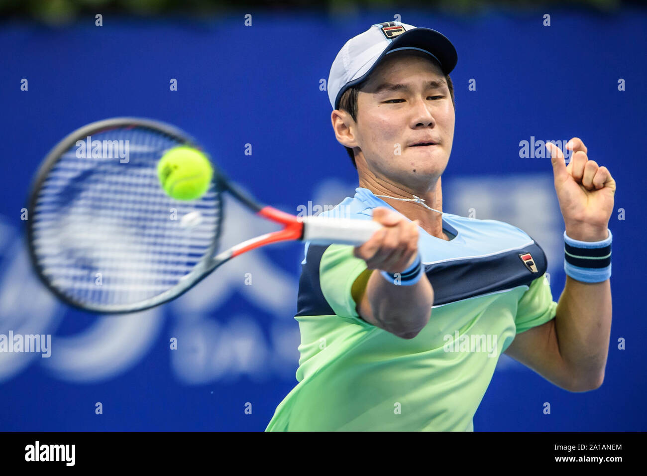 South Korean professional tennis player Kwon Soon-woo competes against  French professional tennis player Lucas Pouille at the first round of 2019  Zhuhai Championships, in Zhuhai city, south China's Guandgong province, 25  September