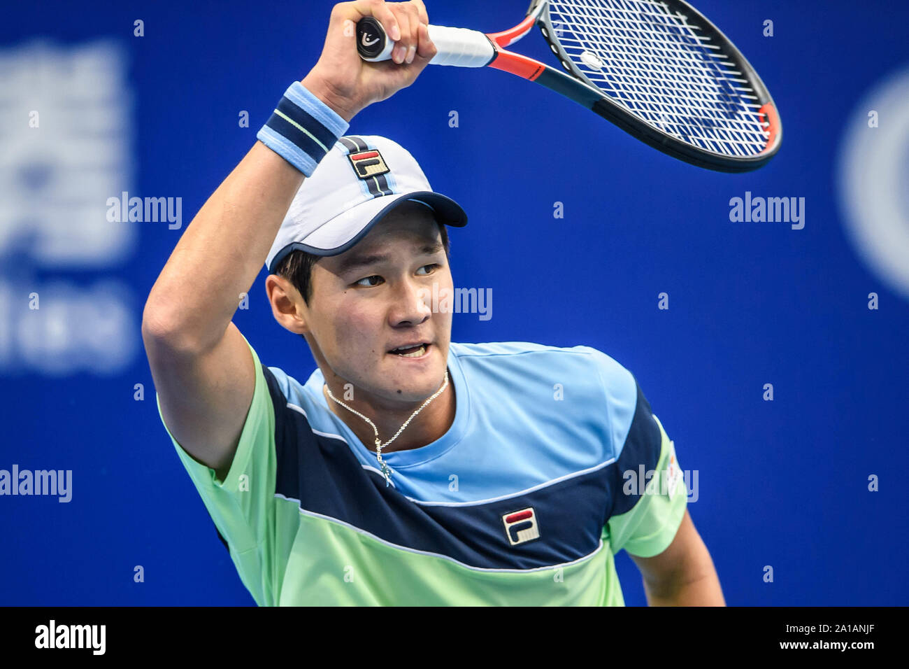 South Korean professional tennis player Kwon Soon-woo competes against  French professional tennis player Lucas Pouille at the first round of 2019  Zhuhai Championships, in Zhuhai city, south China's Guandgong province, 25  September