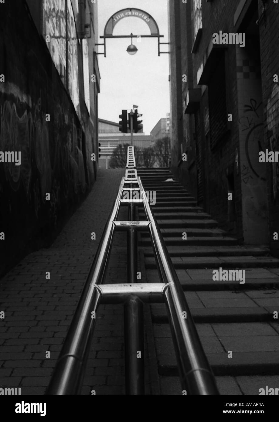 Alleyway of Sheffield. Taken by a Canon A1 35mm Film Camera. Ilford HP5 Film. Street Photography and Analogue Stock Photo