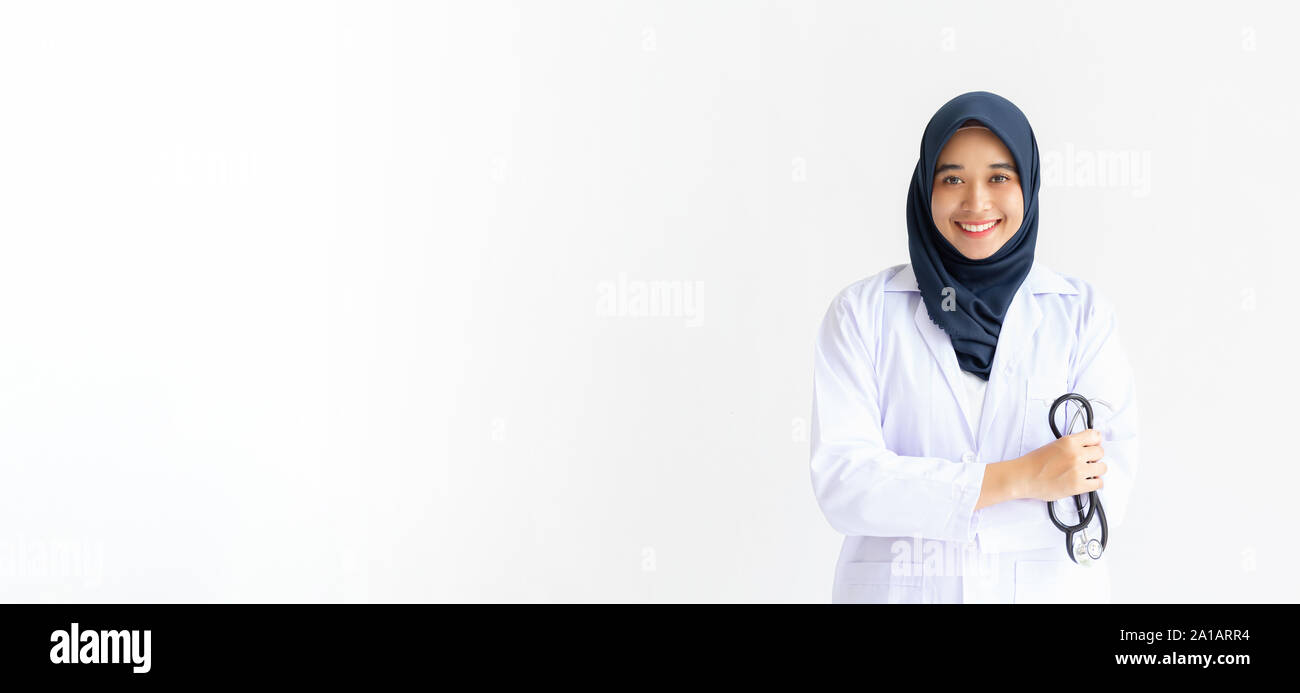 Young Arab Muslim Intern Doctor Women Smile On Isolate White Background 