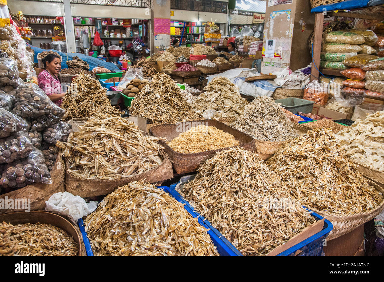 Women selling varieties of dried fish, at the Pasar Badung market in