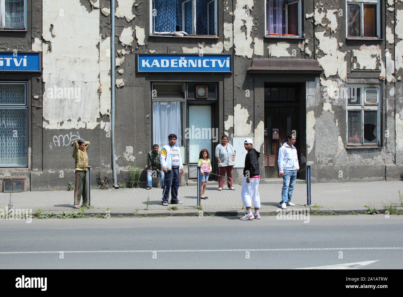 PREROV, CZECH REPUBLIC JUNE 25, 2011: Ghetto in Prerov, Husova street with Gypsy residents, authentic real situations, Europe, European Union Stock Photo