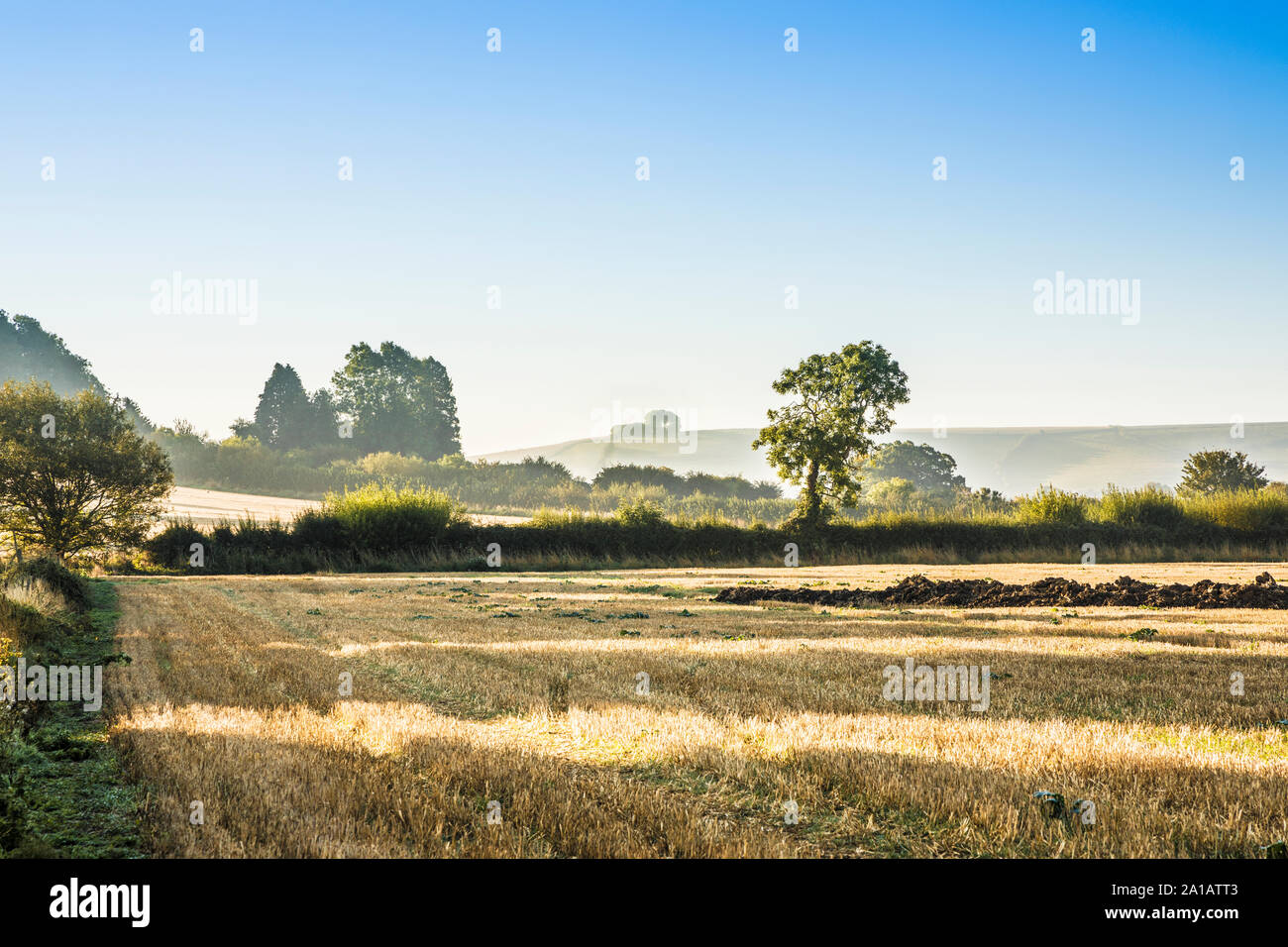 The view towards Liddington Hill near Swindon, Wiltshire on an early autumn morning. Stock Photo