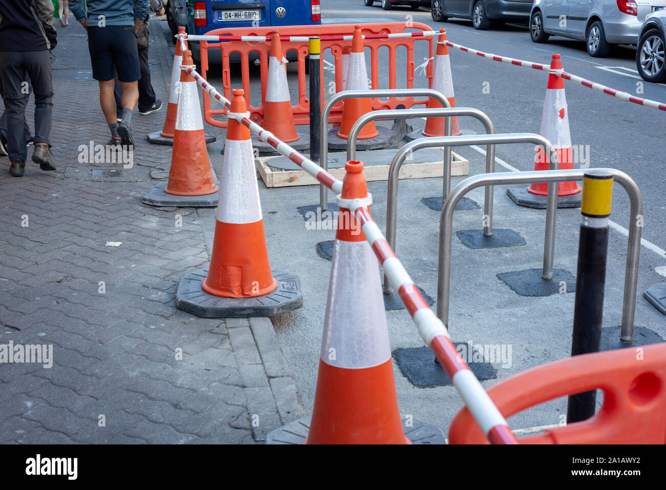 Newly installed bike railings or bicycle parking stands on busy town