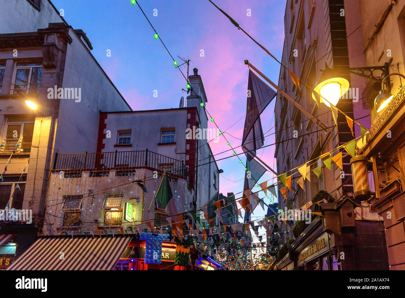 Flags from the Mercantile Hotel above Dame Ln in Temple Bar, Dublin, Ireland Stock Photo