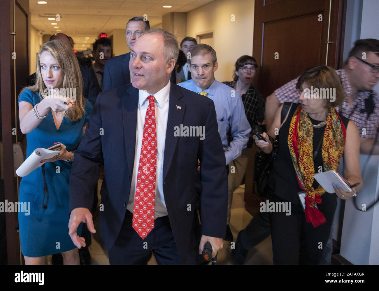 Washington, United States. 25th Sep, 2019. House Minority Whip Rep. Steve Scalise (R-LA) speaks to the media after the announcement by Speaker of the House Rep. Nancy Pelosi (D-CA) that the House is launching a formal impeachment inquiry into President Trump, on Capitol Hill in Washington, DC on Wednesday, September 25, 2019. Photo by Tasos Katopodis/UPI Credit: UPI/Alamy Live News Stock Photo