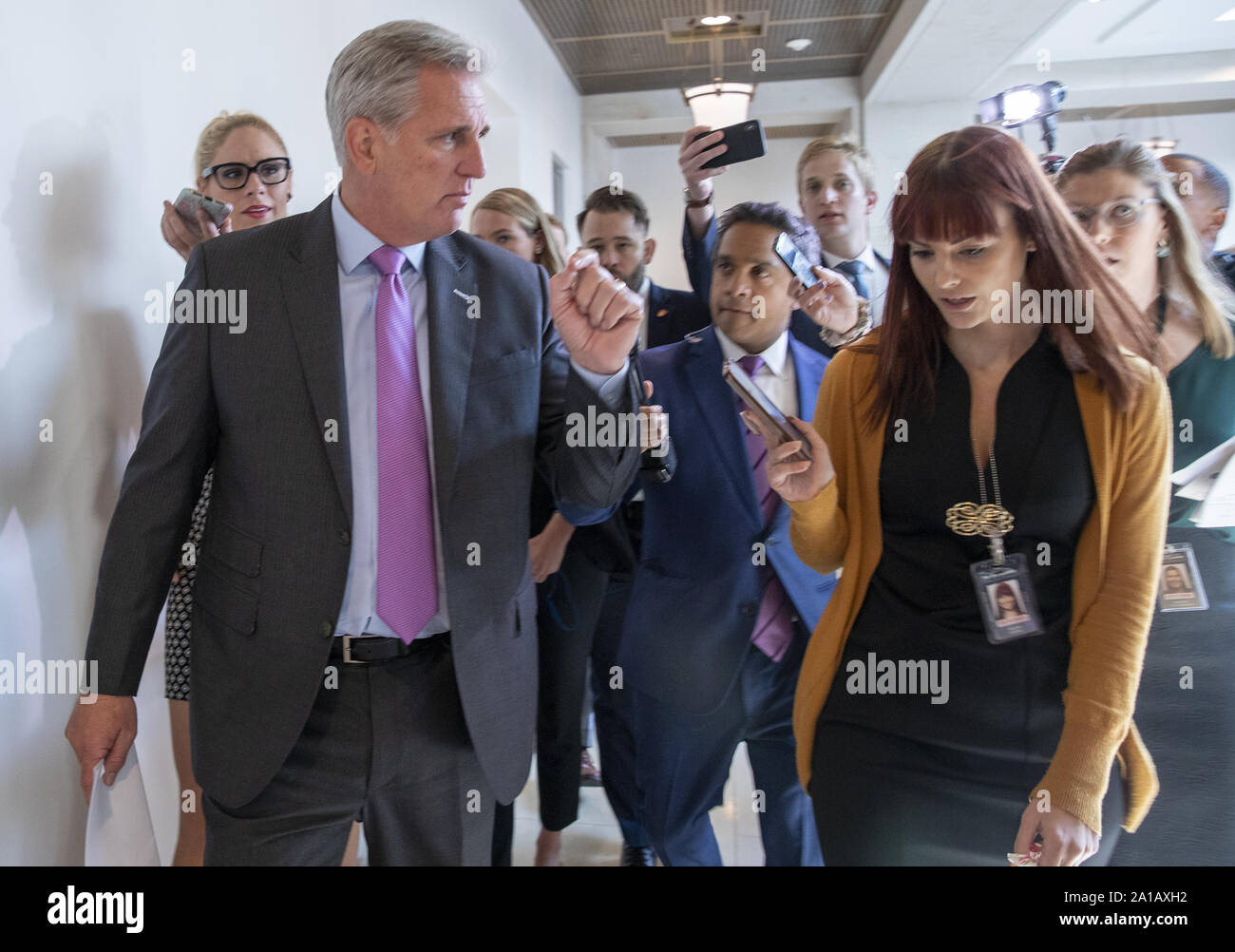 Washington, United States. 25th Sep, 2019. U.S. House Minority Leader Rep. Kevin McCarthy (R-CA) speaks to the media after the announcement by Speaker of the House Rep. Nancy Pelosi (D-CA) that the House is launching a formal impeachment inquiry into President Trump, on Capitol Hill in Washington, DC on Wednesday, September 25, 2019. Photo by Tasos Katopodis/UPI Credit: UPI/Alamy Live News Stock Photo