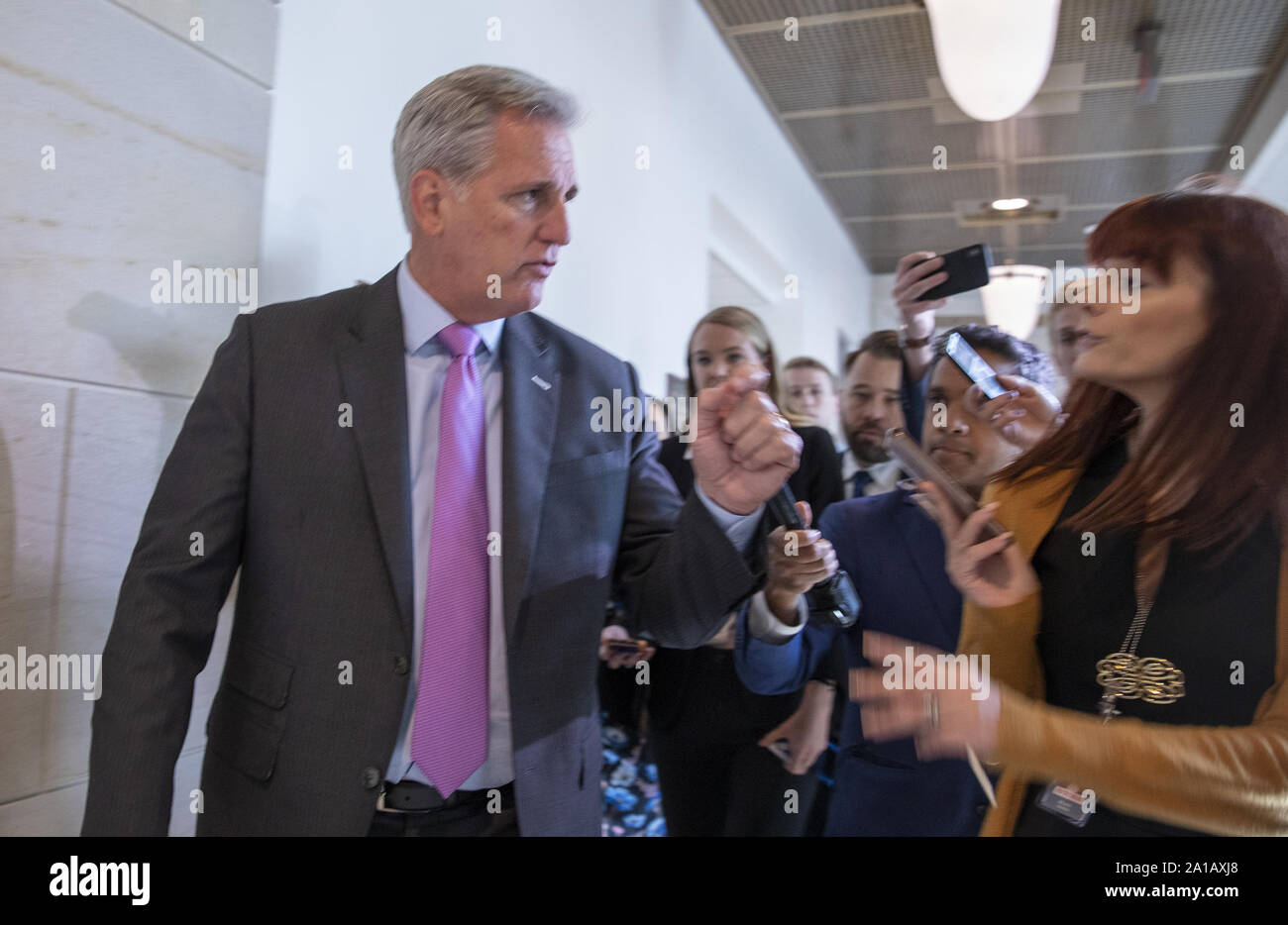 Washington, United States. 25th Sep, 2019. U.S. House Minority Leader Rep. Kevin McCarthy (R-CA) speaks to the media after the announcement by Speaker of the House Rep. Nancy Pelosi (D-CA) that the House is launching a formal impeachment inquiry into President Trump, on Capitol Hill in Washington, DC on Wednesday, September 25, 2019. Photo by Tasos Katopodis/UPI Credit: UPI/Alamy Live News Stock Photo
