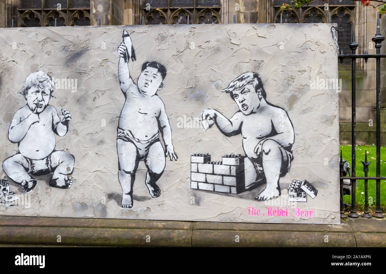 Edinburgh, Scotland - September 14 2019: Street art depicting Donald Trump, Boris Johnson and Kim Jung as toddlers on display in the Edinburgh city ce Stock Photo