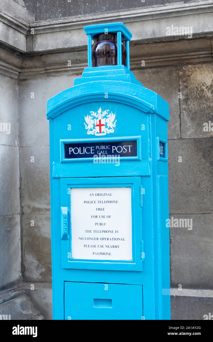 Original blue police telephone box, Guildhall Yard, Moorgate, City of London, Greater London, England, United Kingdom Stock Photo