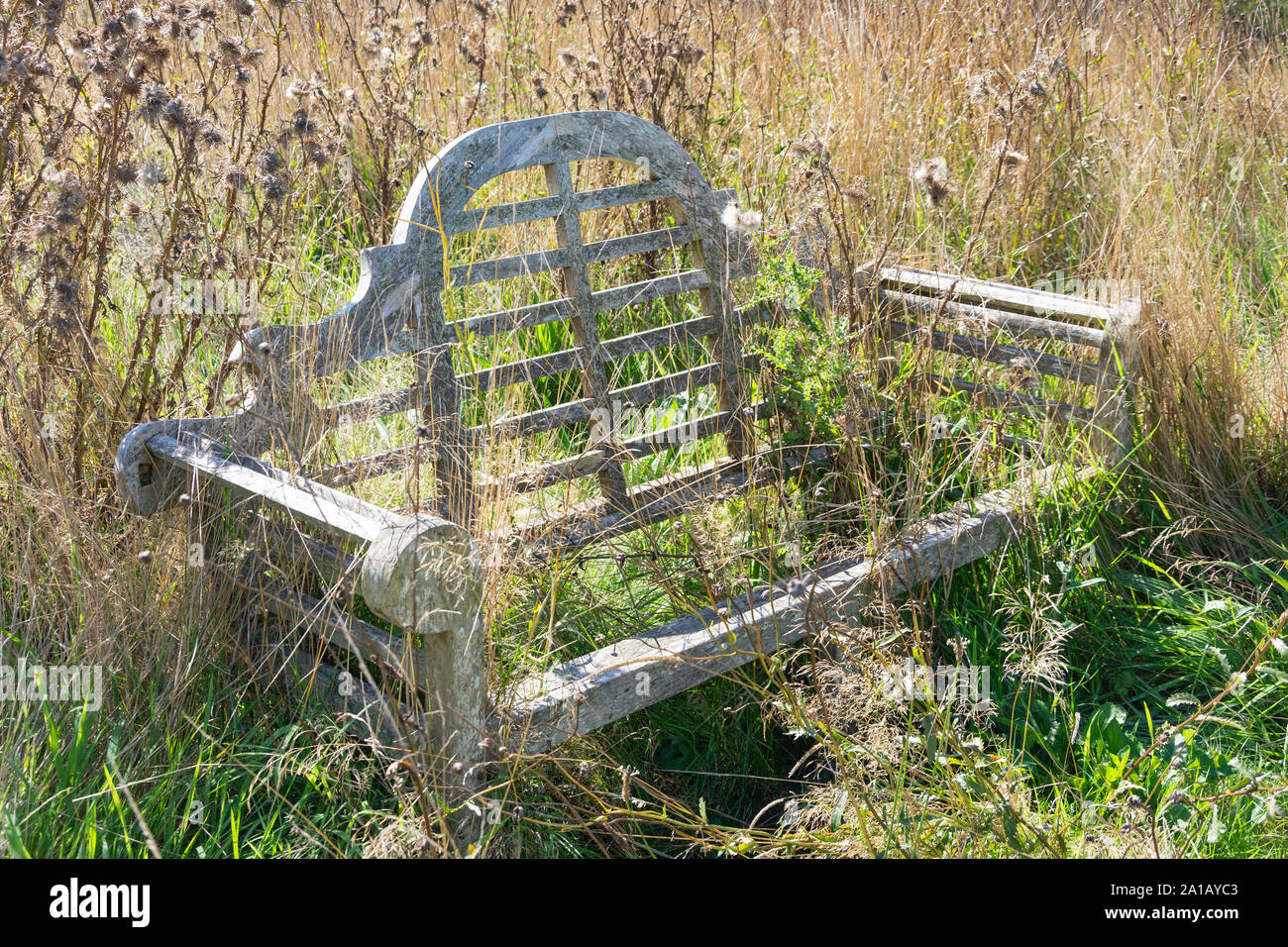 Dilapidated wooden bench in meadow near Braunton, Devon, England, United Kingdom Stock Photo