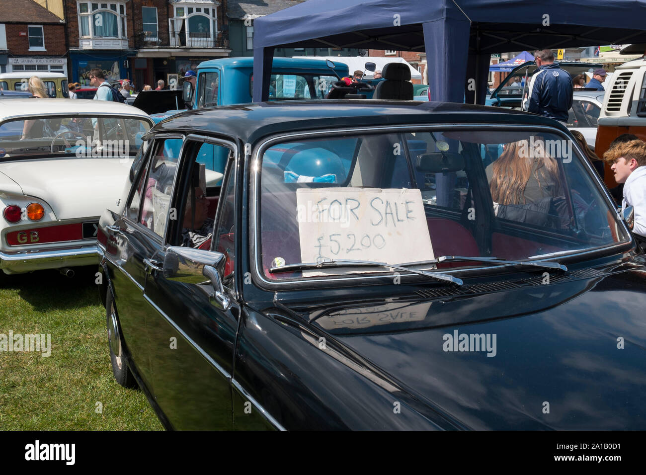 1960s Austin 1100 saloon for sale at the Deal Classic Motor Show on Walmer Green by the beach, Deal, Kent, UK Stock Photo