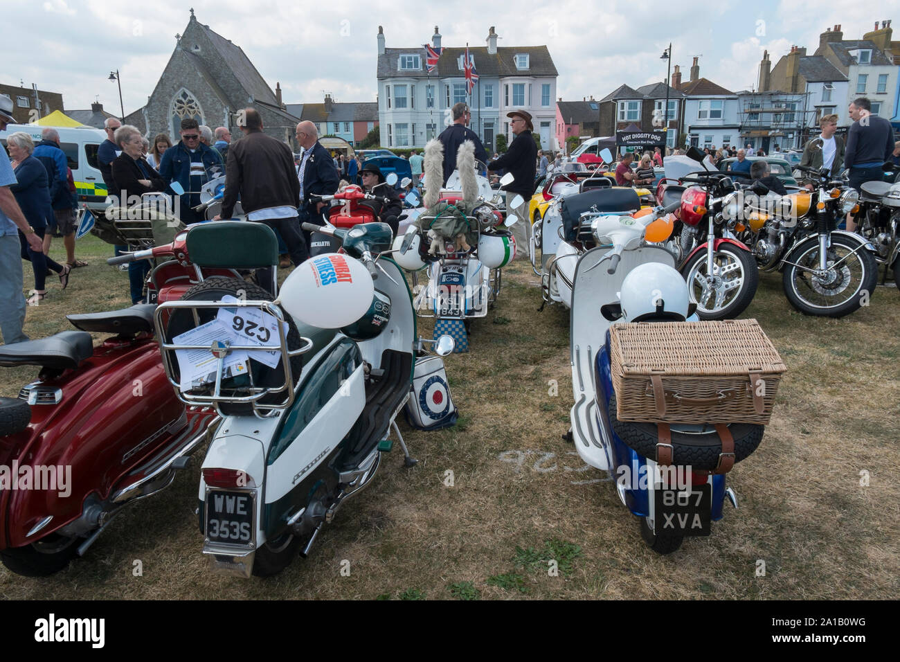 1950s Lambretta scooters at the Deal Classic Motor Show on Walmer Green by the beach, Deal, Kent, UK Stock Photo