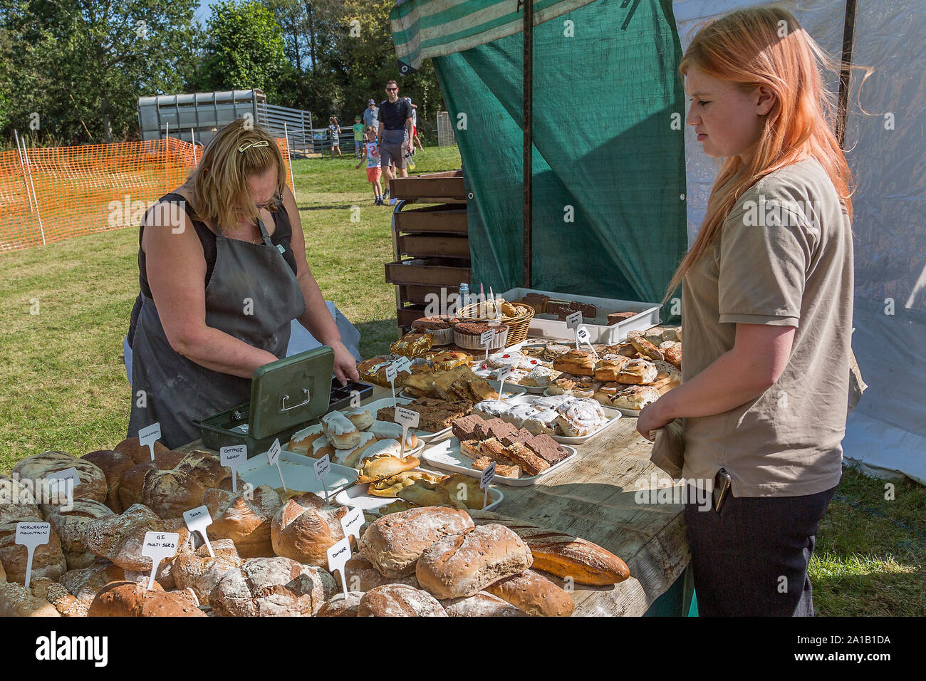 Locally made breads and cakes are offered for sale on a stall at Belbroughton Scarecrow Festival. Stock Photo