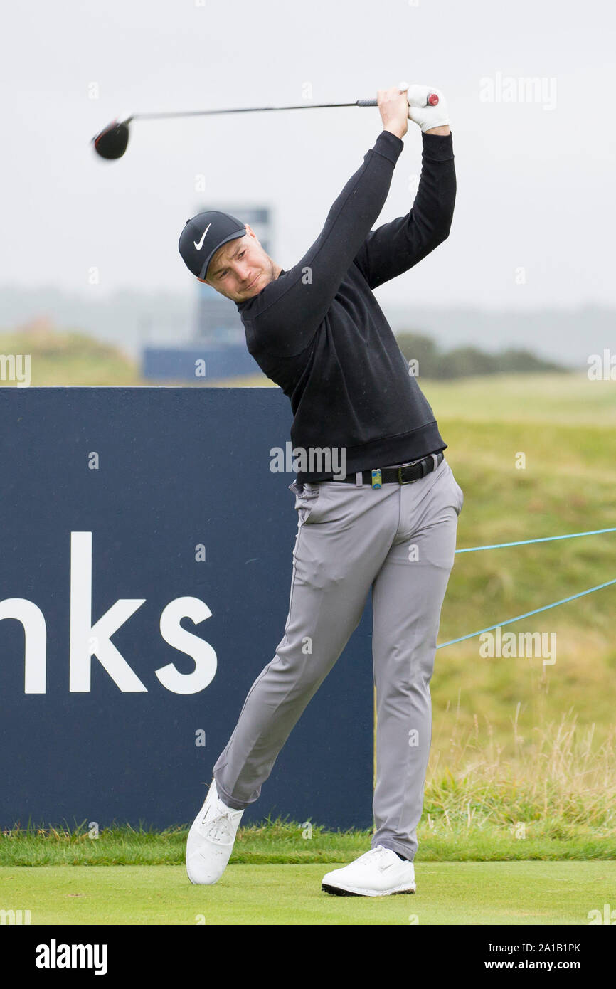 St Andrews, Fife, Scotland. 25th Sep, 2019. European Tour, Alfred Dunhill Links Championship, Practice day; Oliver Fisher of England plays his shot from the tee on the fourteenth hole  - Editorial Use Credit: Action Plus Sports Images/Alamy Live News Stock Photo