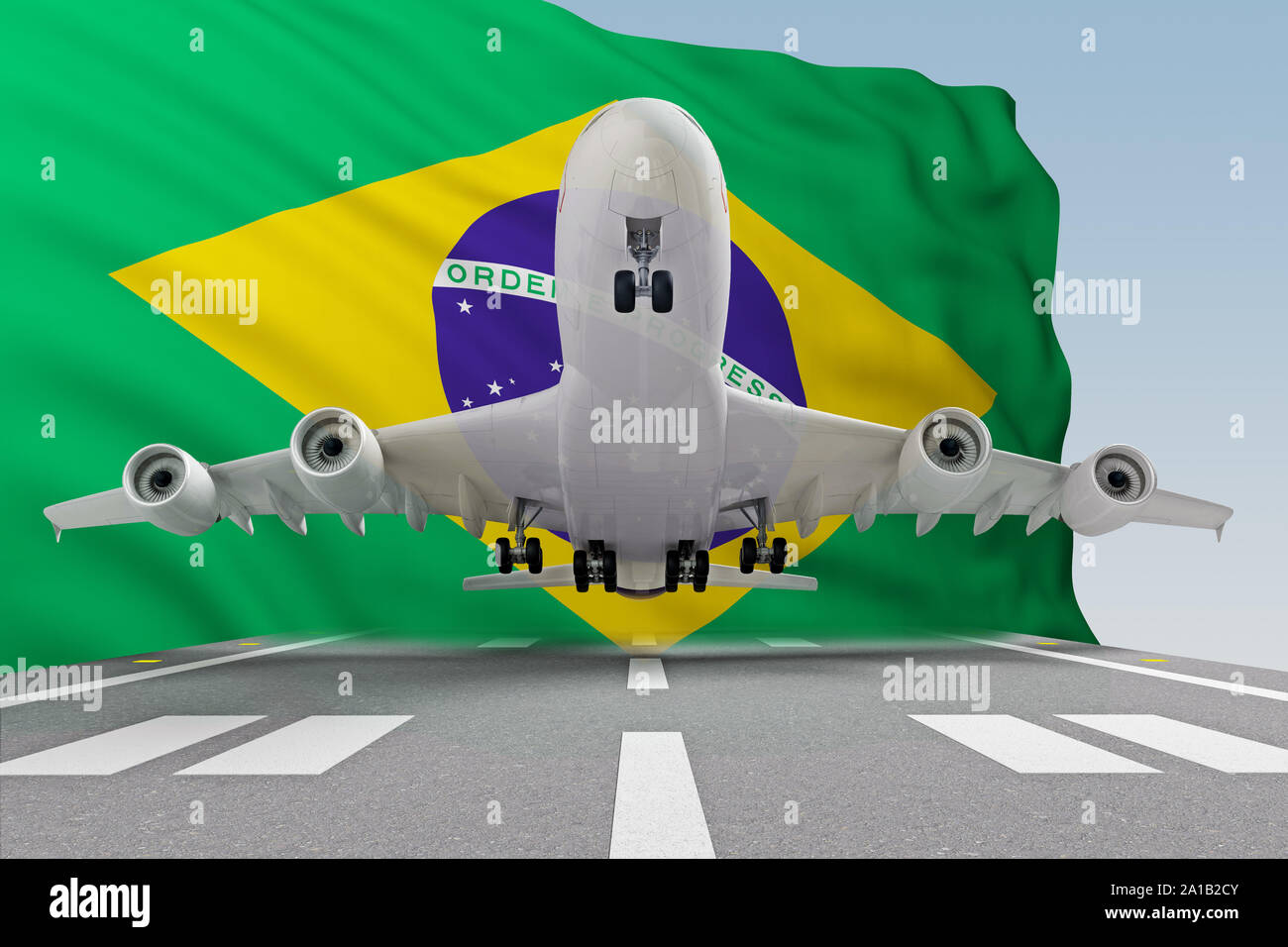 airplane taking off against flag Brazil. 3d rendering Stock Photo