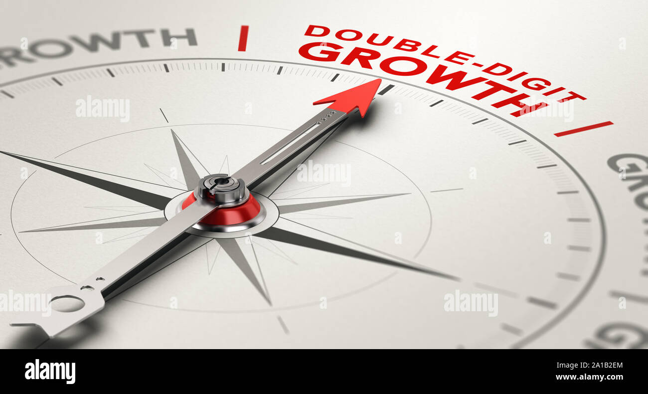 Compass with needle pointing the text double-digit growth. Financial concept. 3D illustration. Stock Photo