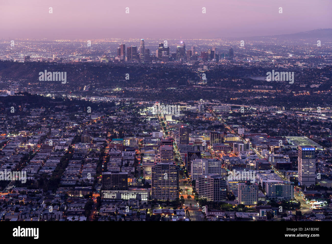 Glendale, California, USA September 22, 2019 Twilight cityscape view of downtown Los Angeles